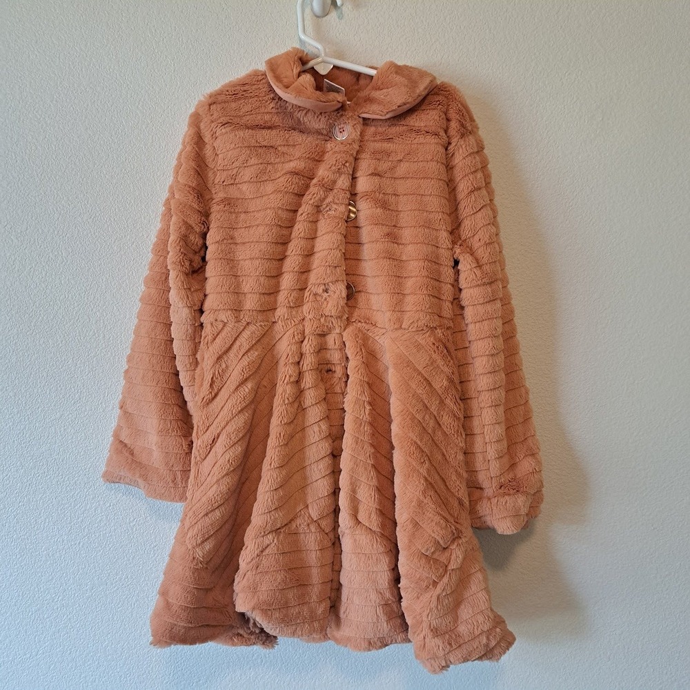 Little Lass Girls Faux Fur Coat Peach‎ Ribbed Peplum Jacket Size 6X RN126160